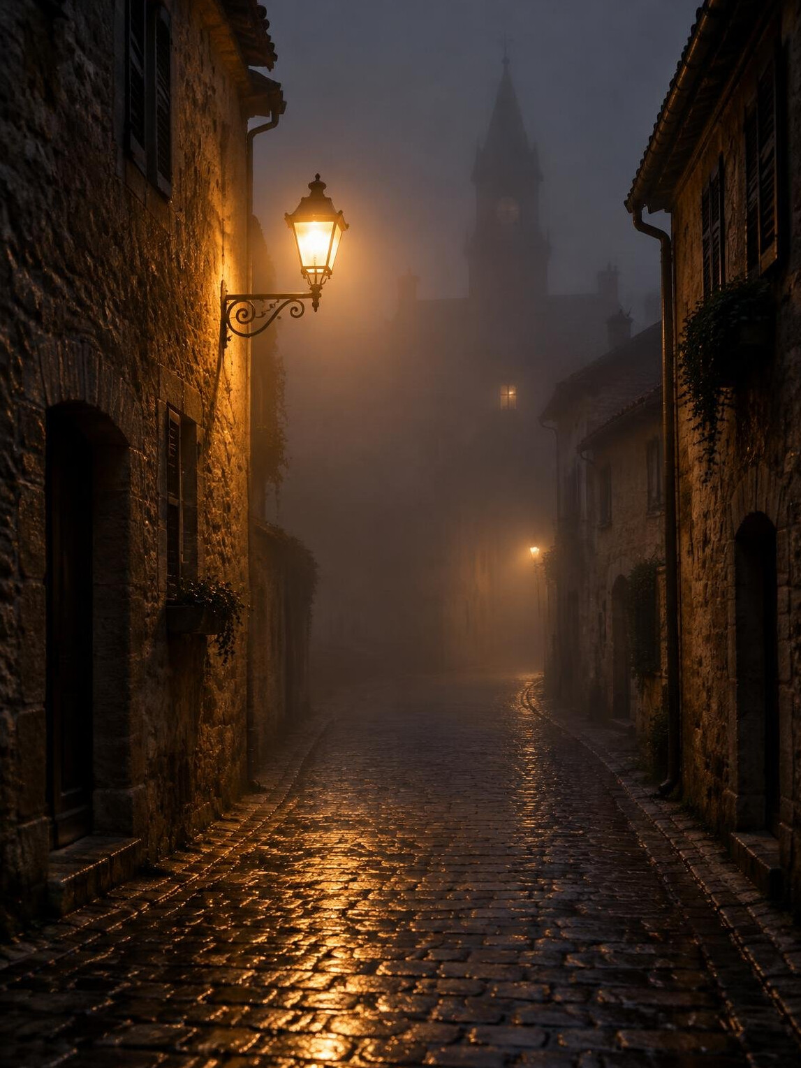Foggy cobblestone street at night lit by a lantern