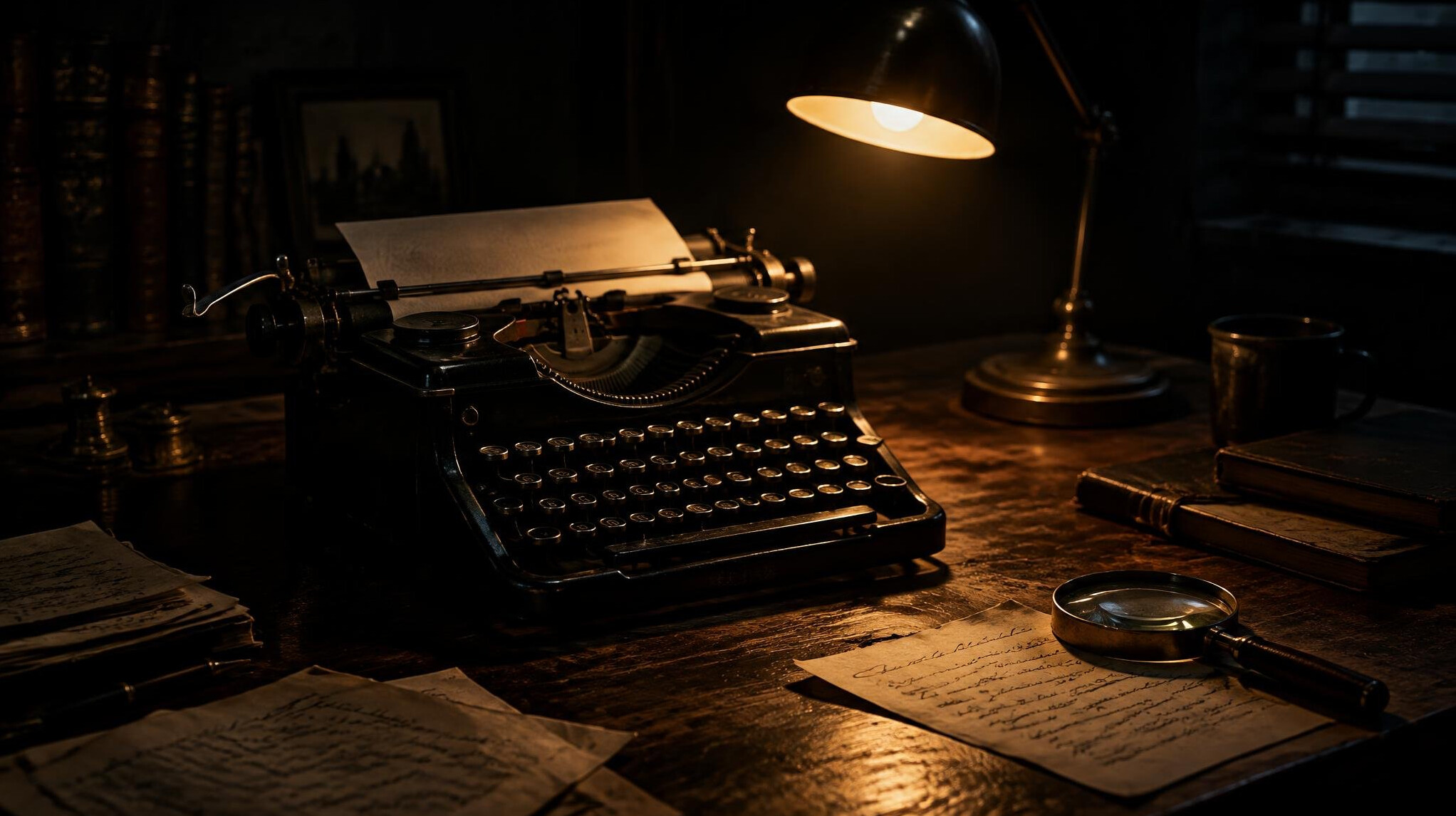 Moody writer's desk with vintage typewriter and candlelight