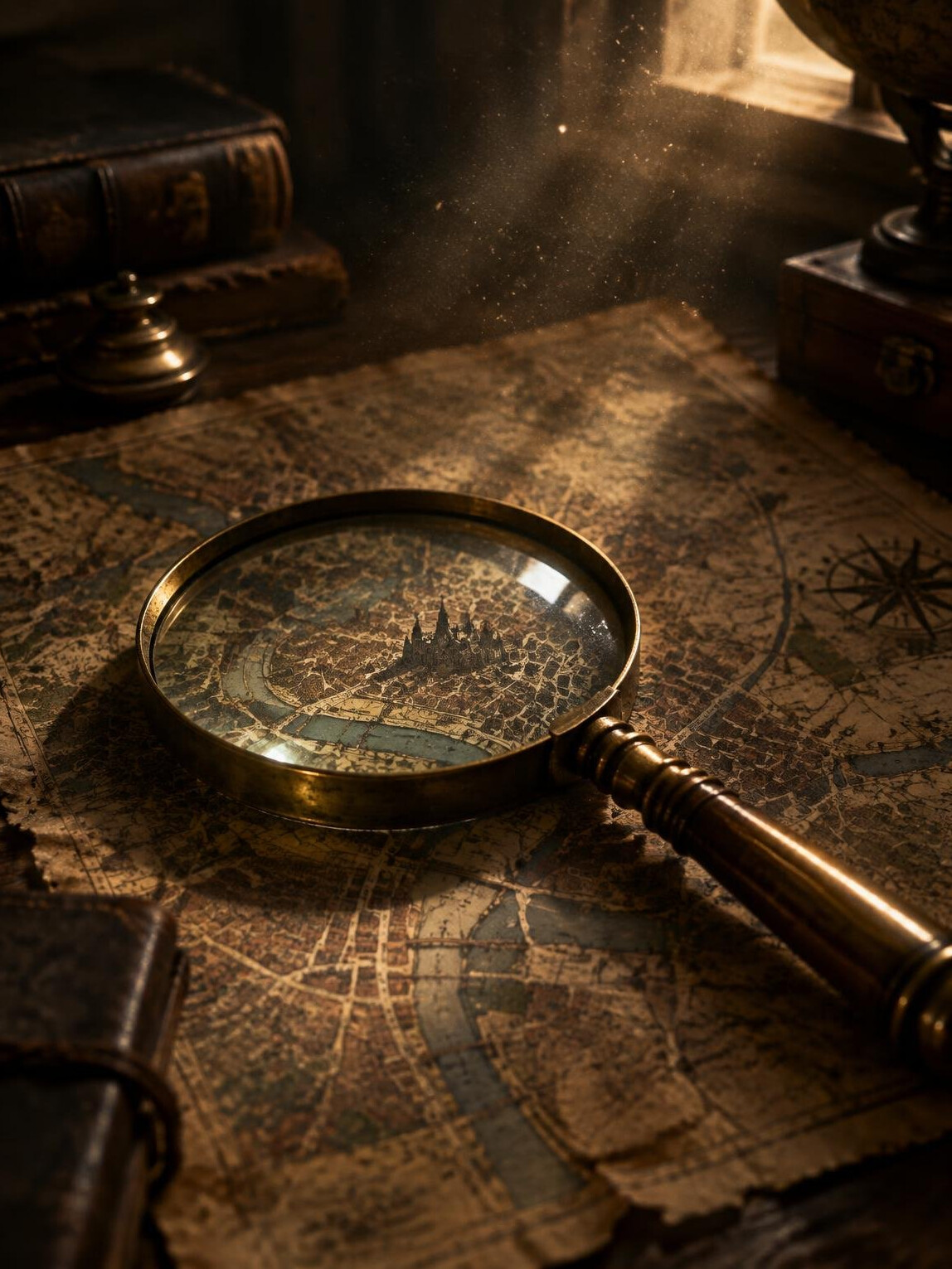 Magnifying glass resting over an old city map