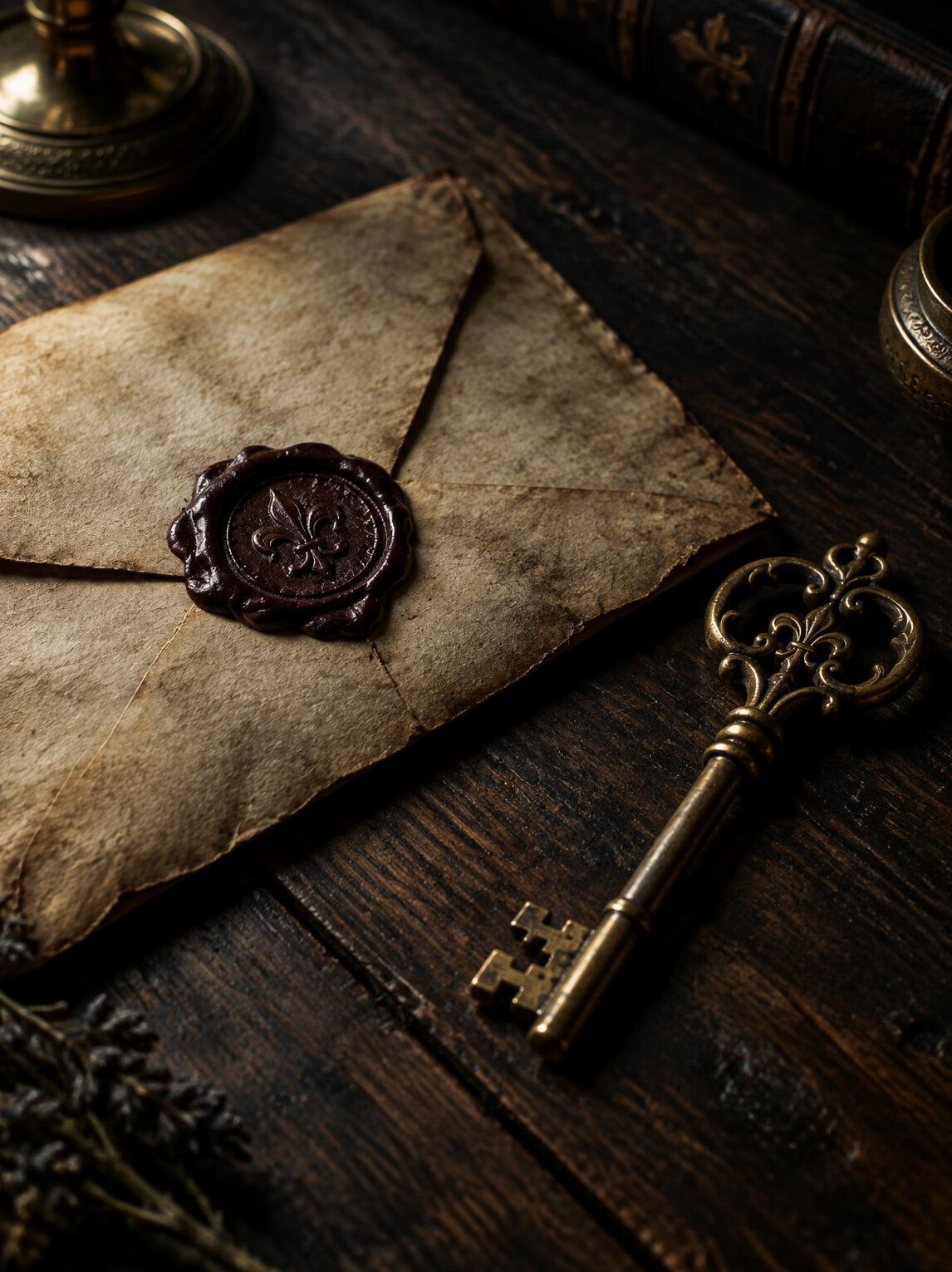 Sealed wax letter with an old skeleton key on a dark table