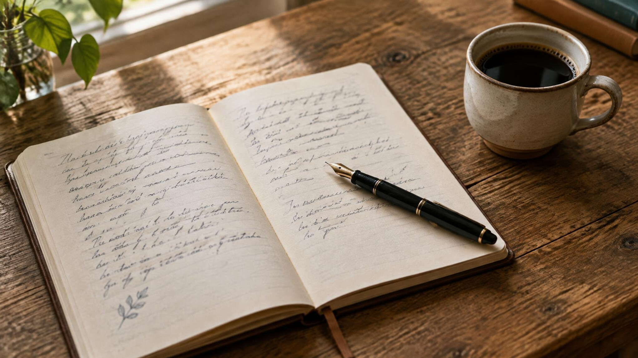 Open notebook with handwritten notes beside a cup of coffee